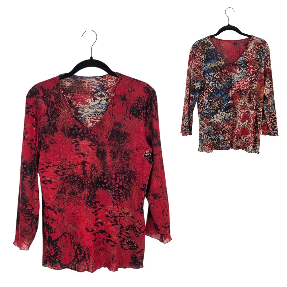 Reversible Red Mesh Top 3/4 Sleeve V-Neck Asian Abstract Whimsigoth 90s Y2K